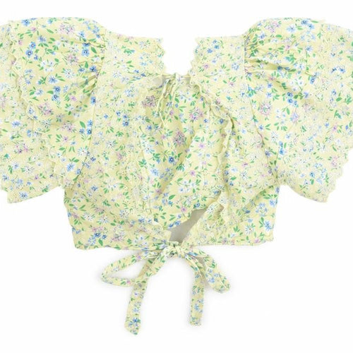 Topshop Women Yellow Floral Wrap Ruffle Blouse Size 12