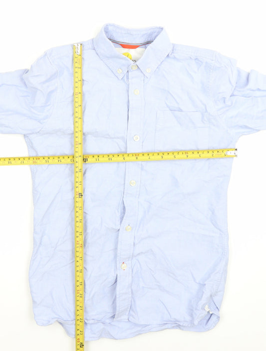 Front view of Boden boys’ blue button-up long sleeve cotton shirt 11-12 years