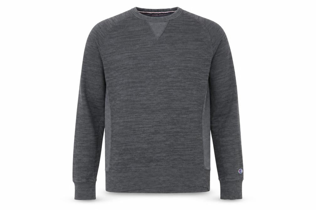 Front view of Champion men’s grey crew neck sweatshirt, size L, logo pullover