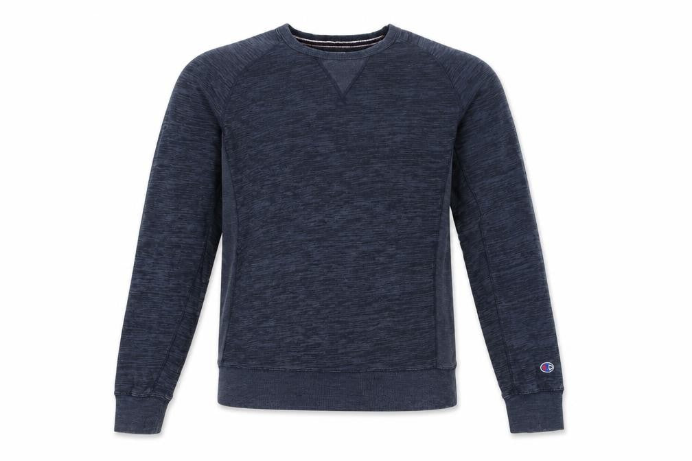 Front view of Champion Men’s Blue Crew Neck Pullover Sweatshirt, size L, Regular Fit