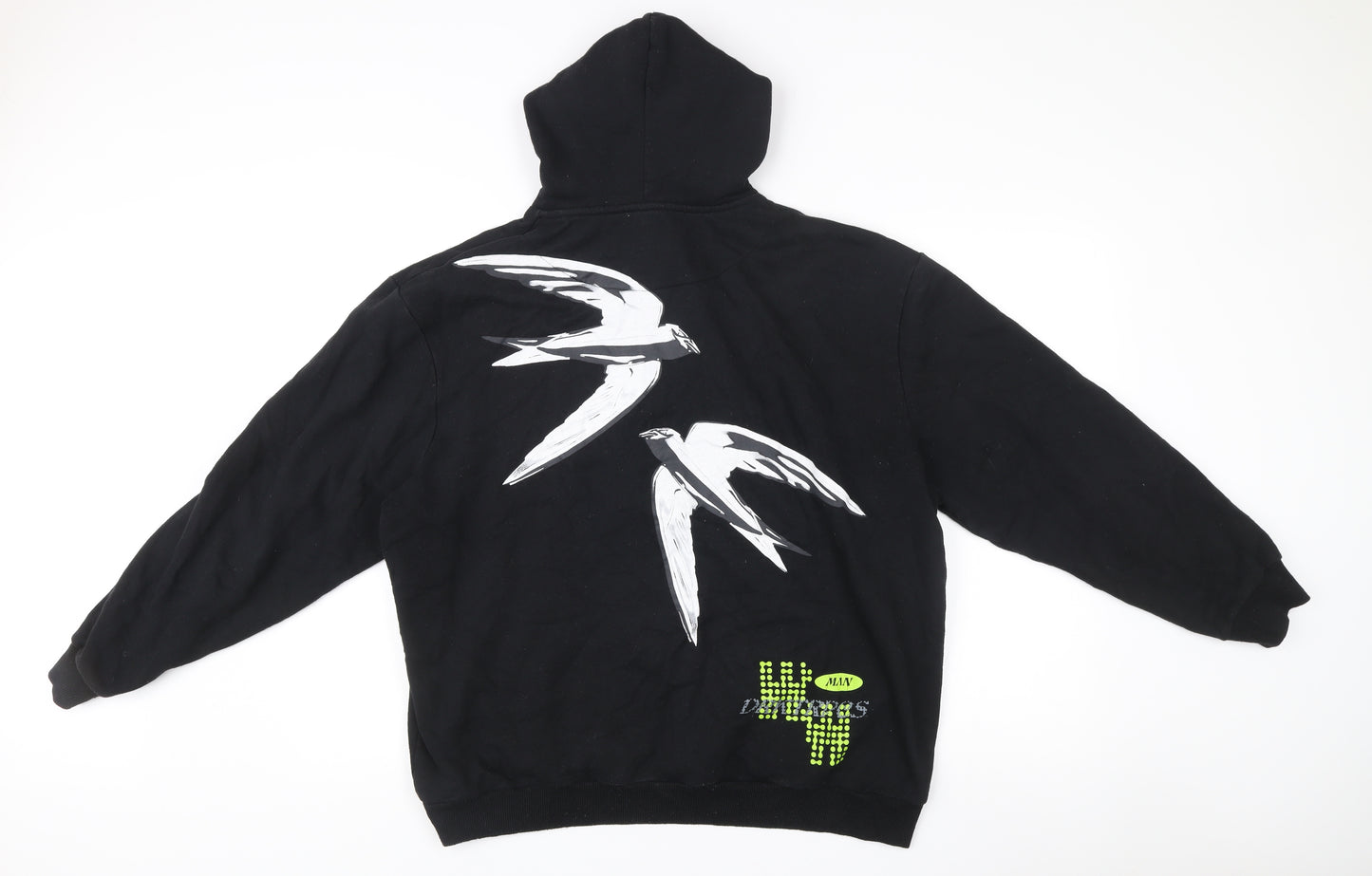 boohooMAN Men’s Black Pullover Hoodie M Logo Rhinestone Bird Graphic