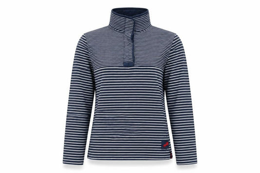 Front view of Equestrian Women's Navy Stripe Sweatshirt, size 16, Cotton Blend