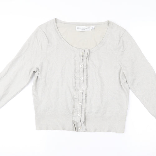 Edina Ronay Womens Grey Size 16 Cardigan Scoop Neck Ruffle Button Knit