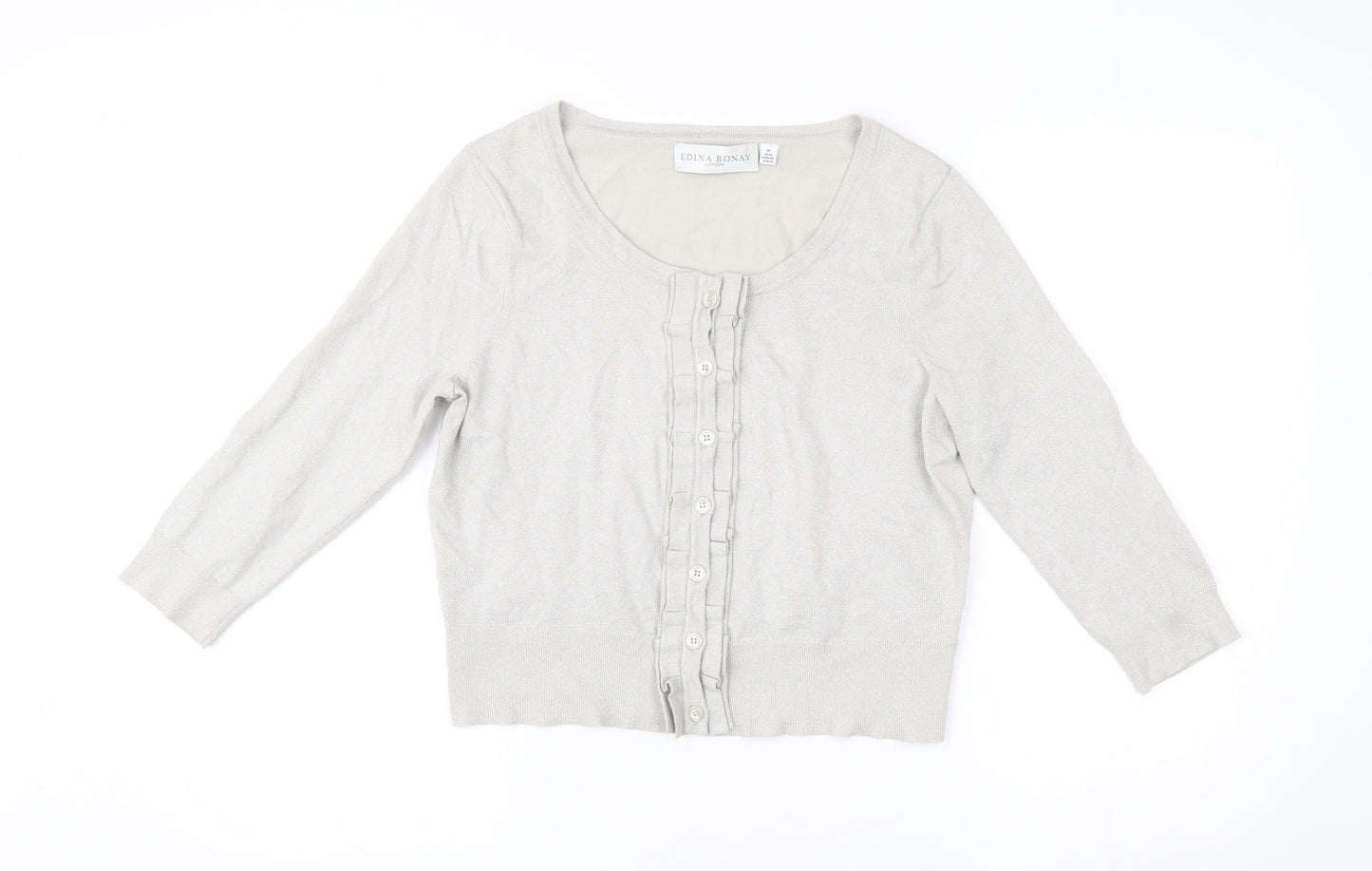 Edina Ronay Womens Grey Size 16 Cardigan Scoop Neck Ruffle Button Knit