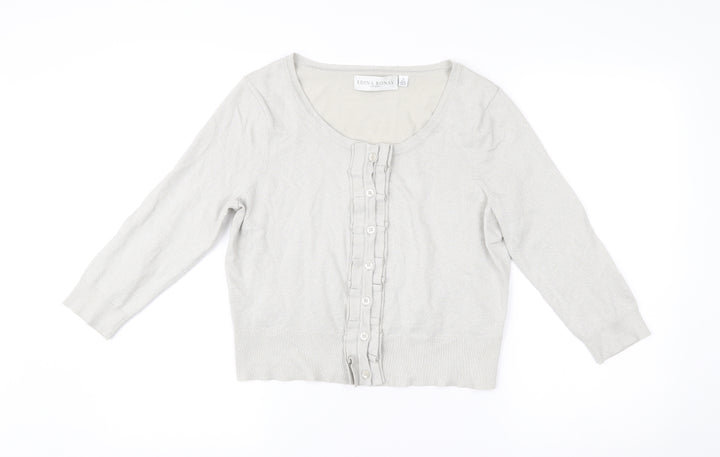 Edina Ronay Womens Grey Size 16 Cardigan Scoop Neck Ruffle Button Knit