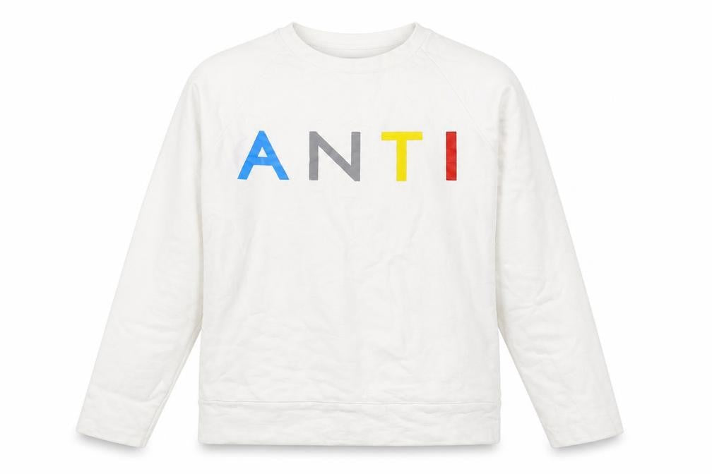 Front view of Antioch unisex white pullover sweatshirt small graphic logo cotton