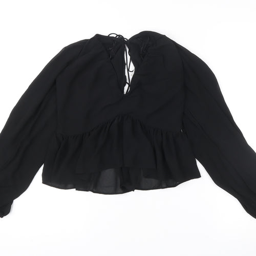 Women's Black Chiffon Ruffle Tunic Blouse Size 8 Long Sleeve V-Neck