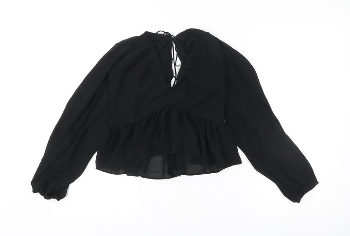 Women's Black Chiffon Ruffle Tunic Blouse Size 8 Long Sleeve V-Neck