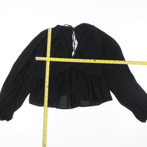 Women's Black Chiffon Ruffle Tunic Blouse Size 8 Long Sleeve V-Neck