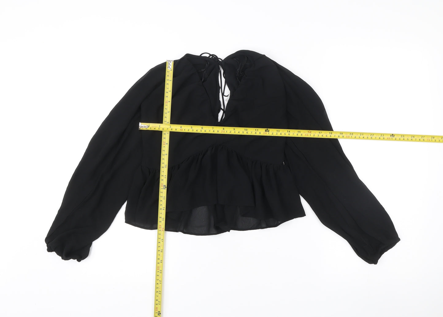 Women's Black Chiffon Ruffle Tunic Blouse Size 8 Long Sleeve V-Neck