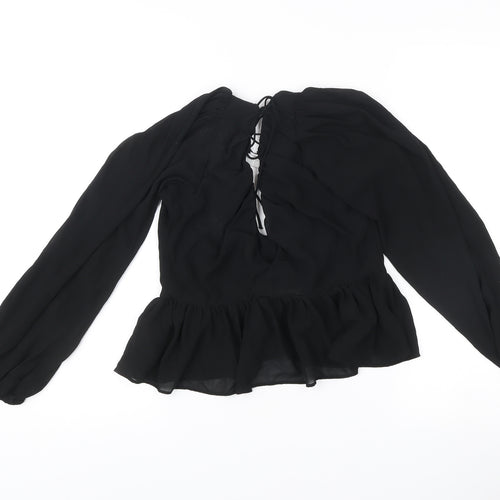 Women's Black Chiffon Ruffle Tunic Blouse Size 8 Long Sleeve V-Neck