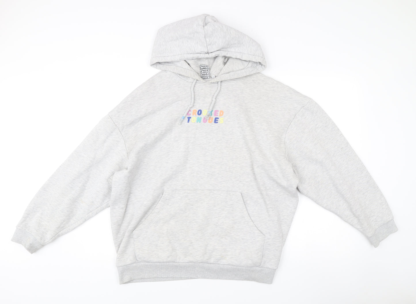 Crooked Tongues Mens Grey Pullover Hoodie L Logo Print Casual