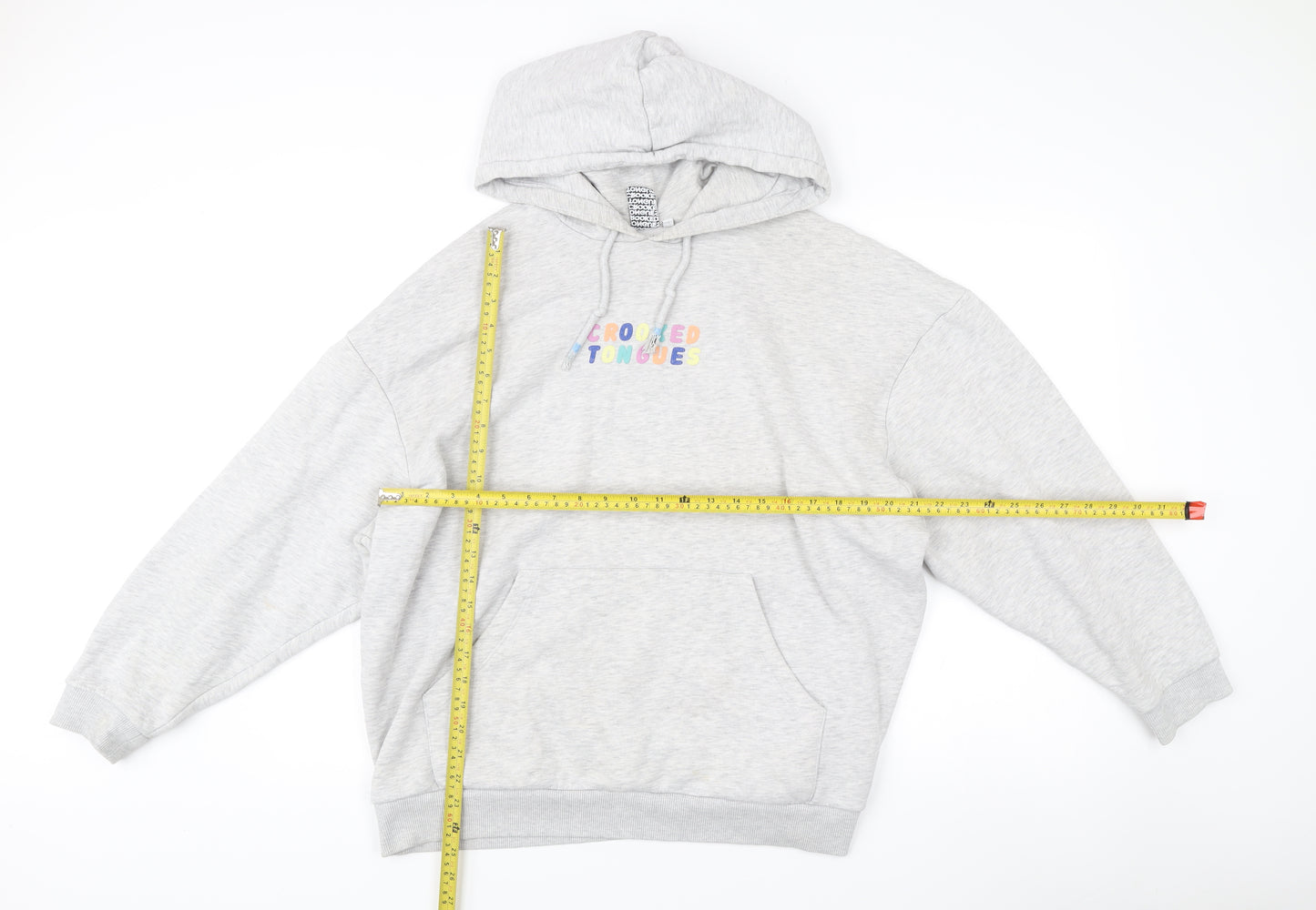 Crooked Tongues Mens Grey Pullover Hoodie L Logo Print Casual