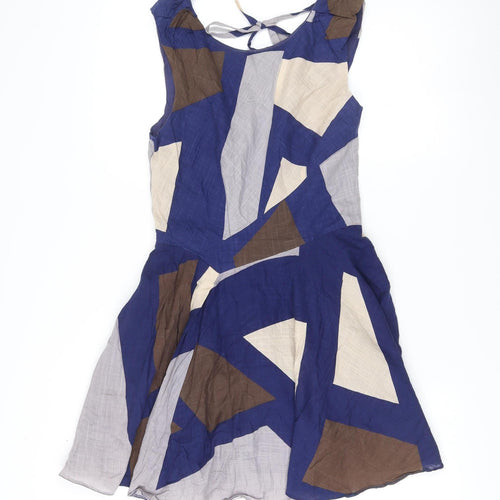 Topshop Women’s Blue Geometric A-Line Cotton Summer Dress UK 10