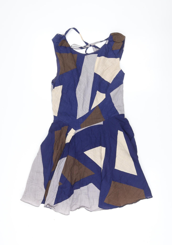 Topshop Women’s Blue Geometric A-Line Cotton Summer Dress UK 10