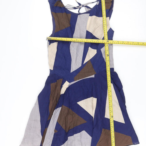 Topshop Women’s Blue Geometric A-Line Cotton Summer Dress UK 10
