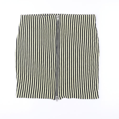 Women's Black Striped Pencil Skirt M Cotton Blend Zip Casual