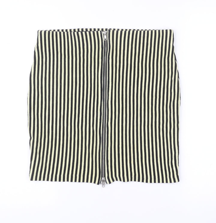 Women's Black Striped Pencil Skirt M Cotton Blend Zip Casual
