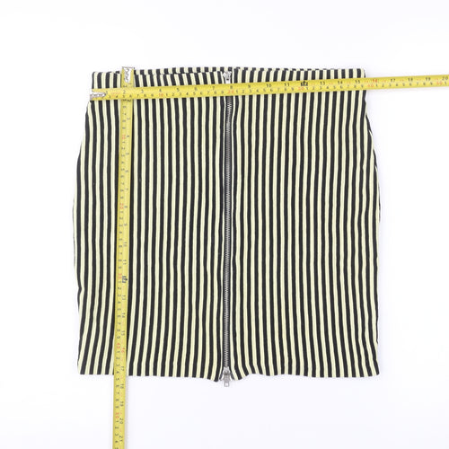 Women's Black Striped Pencil Skirt M Cotton Blend Zip Casual