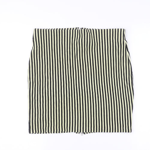 Women's Black Striped Pencil Skirt M Cotton Blend Zip Casual