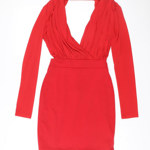 Hedonia Women’s Red Bodycon Mini Dress Size 8 Long Sleeve V-Neck Party