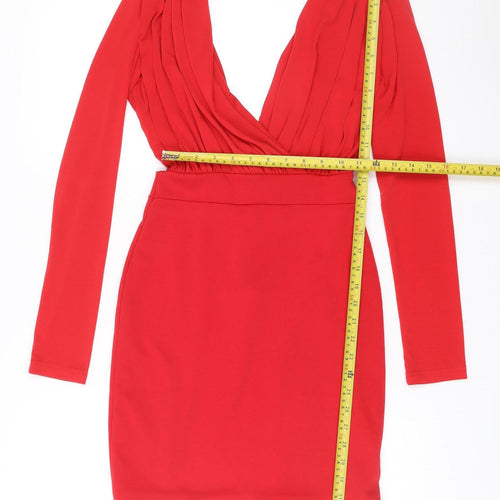 Hedonia Women’s Red Bodycon Mini Dress Size 8 Long Sleeve V-Neck Party