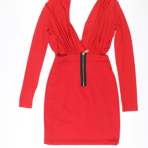 Hedonia Women’s Red Bodycon Mini Dress Size 8 Long Sleeve V-Neck Party