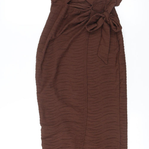 PrettyLittleThing Women’s Brown Midi Wrap Dress Size 6 High Neck