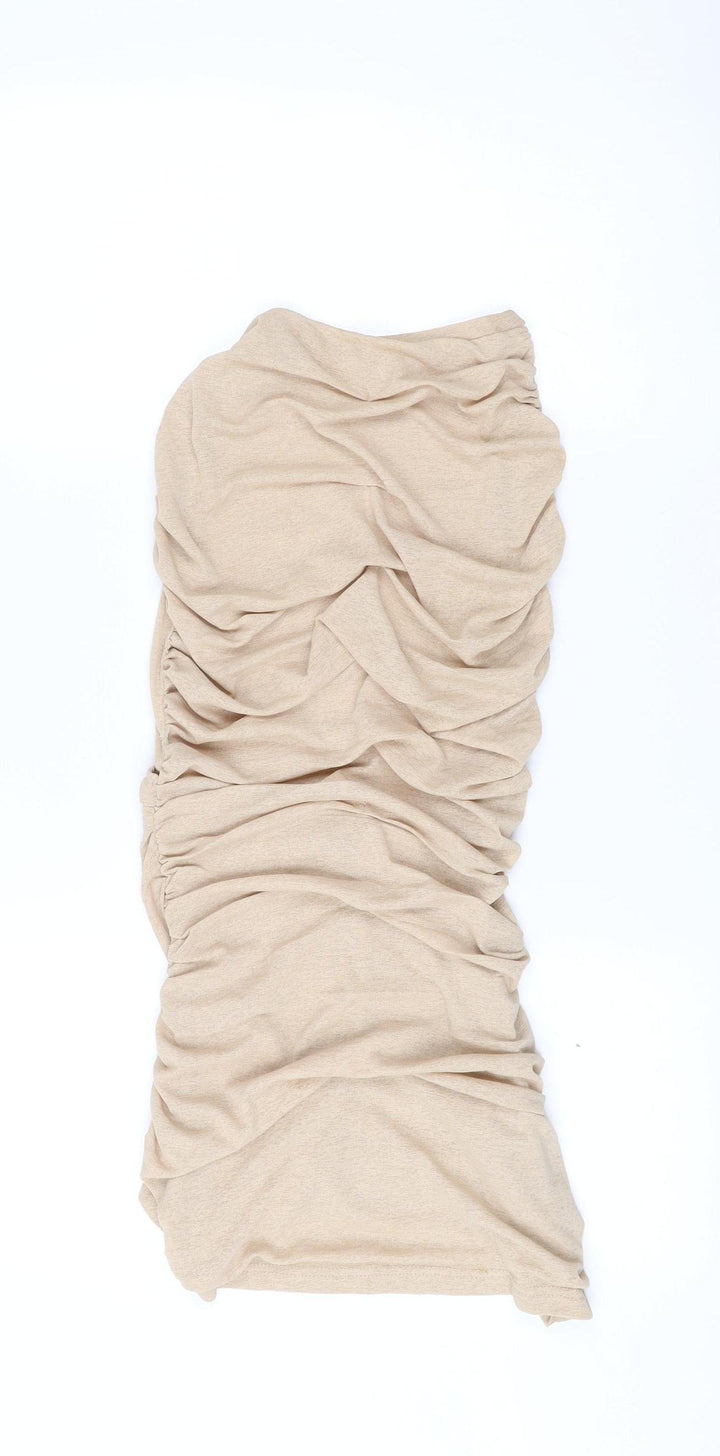 PrettyLittleThing Womens Beige Ruched Bodycon Midi Dress UK 10