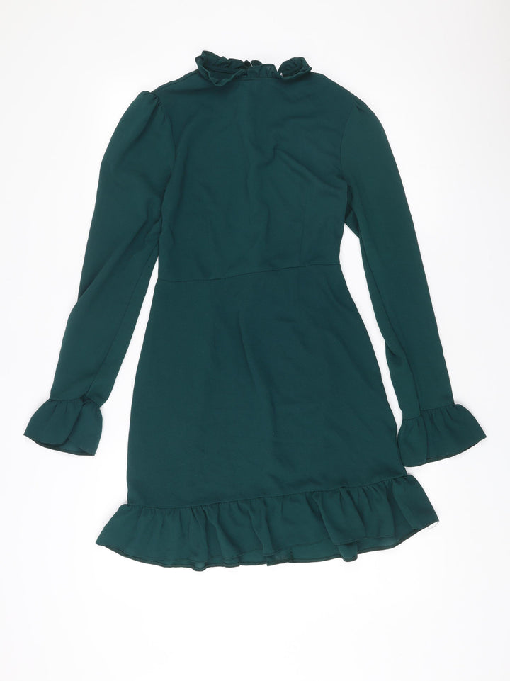 ASOS DESIGN Women’s Green Shift Dress Size 8 Ruffle Hem Long Sleeve