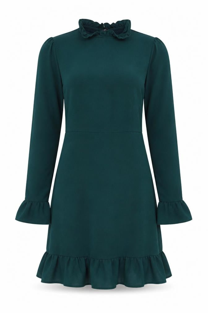 ASOS DESIGN Women’s Green Shift Dress Size 8 Ruffle Hem Long Sleeve