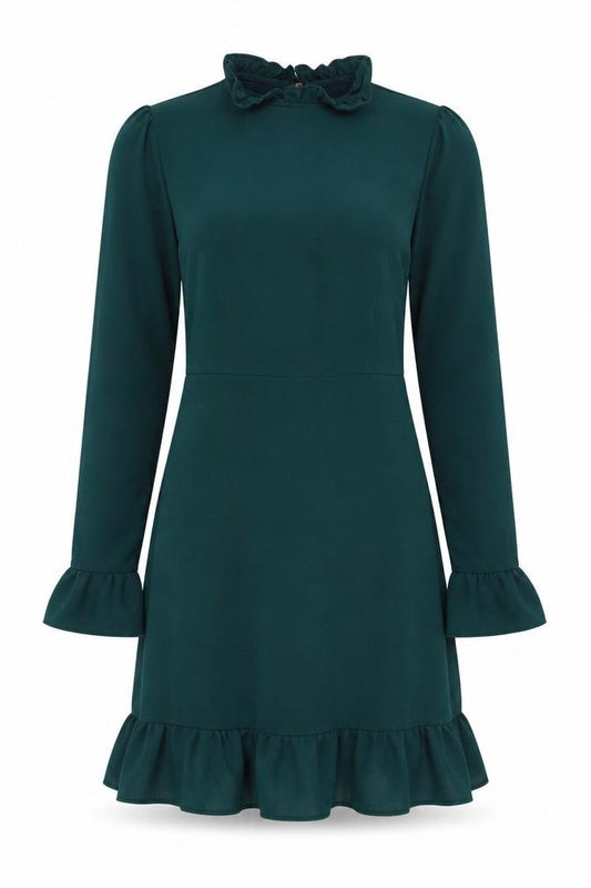 Front view of ASOS DESIGN Women’s Green Shift Dress, size UK 8, Ruffle Hem Long Sleeve