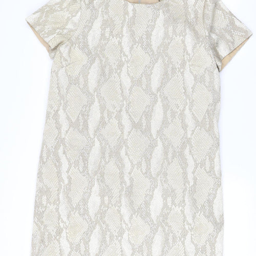 French Connection Women Beige Metallic Shift Dress Size 14 Party Wear
