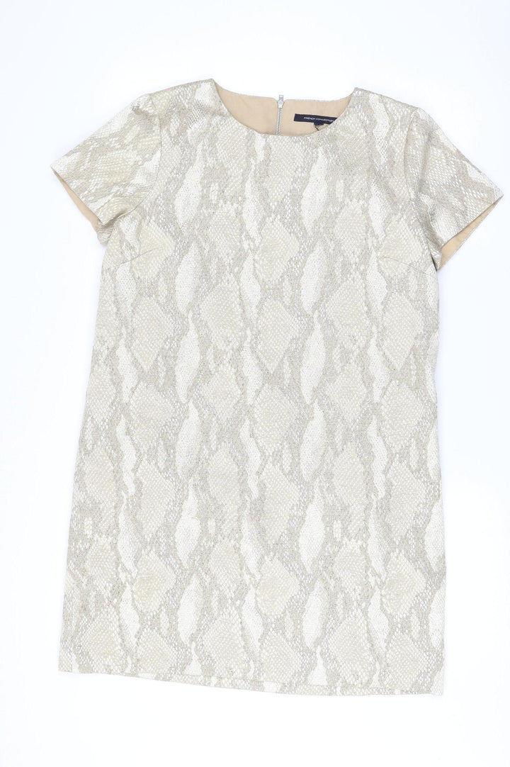 French Connection Women Beige Metallic Shift Dress Size 14 Party Wear