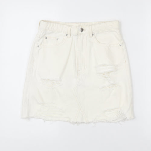 H&M Women Ivory Distressed Denim Skirt Size 10 Short Casual