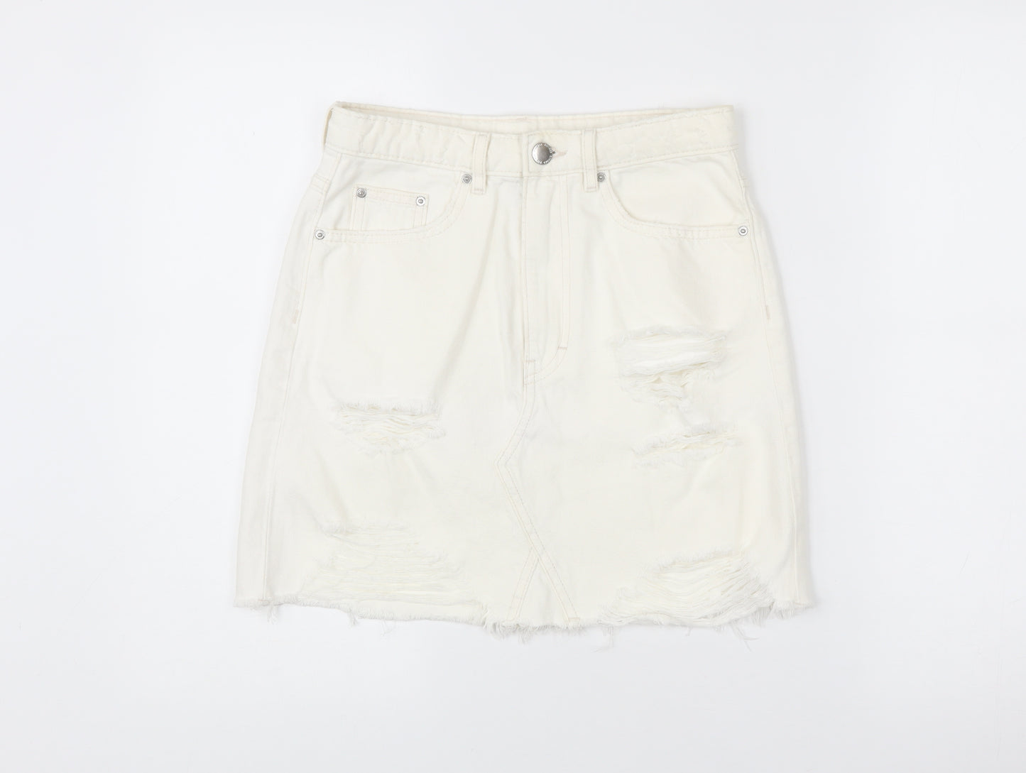 H&M Women Ivory Distressed Denim Skirt Size 10 Short Casual