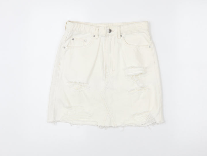 H&M Women Ivory Distressed Denim Skirt Size 10 Short Casual