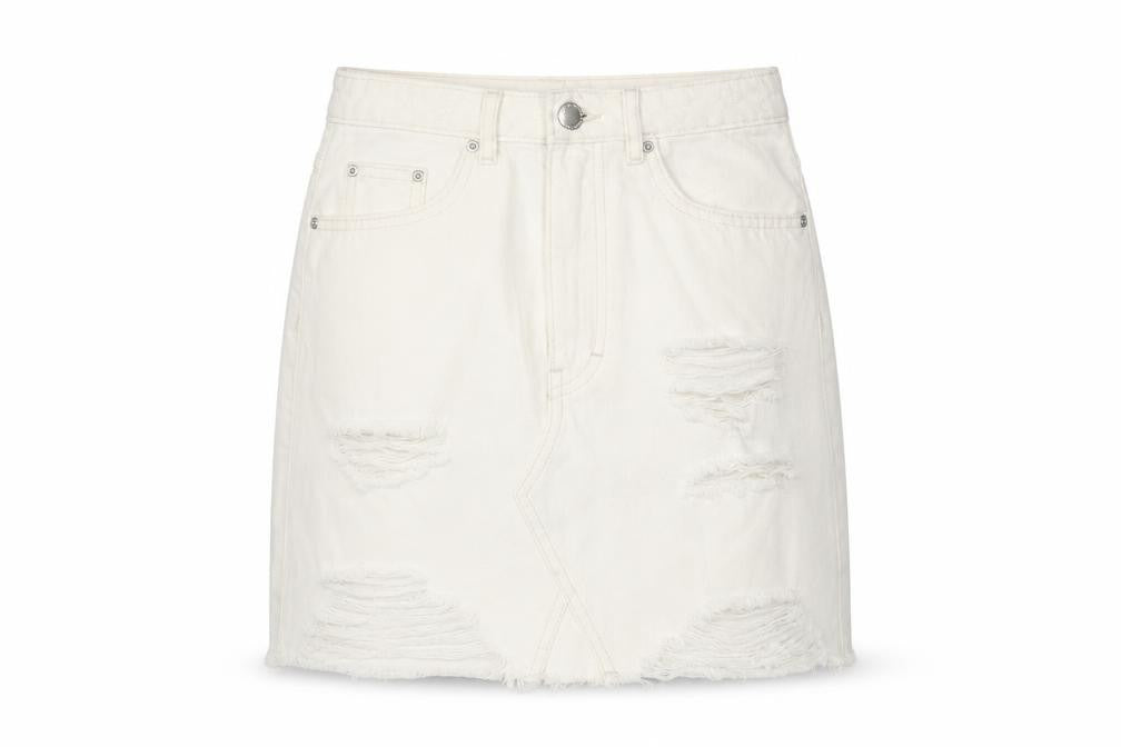 H&M Women Ivory Distressed Denim Skirt Size 10 Short Casual