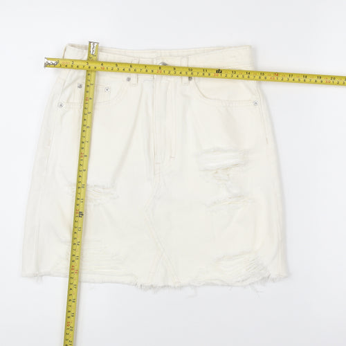 H&M Women Ivory Distressed Denim Skirt Size 10 Short Casual