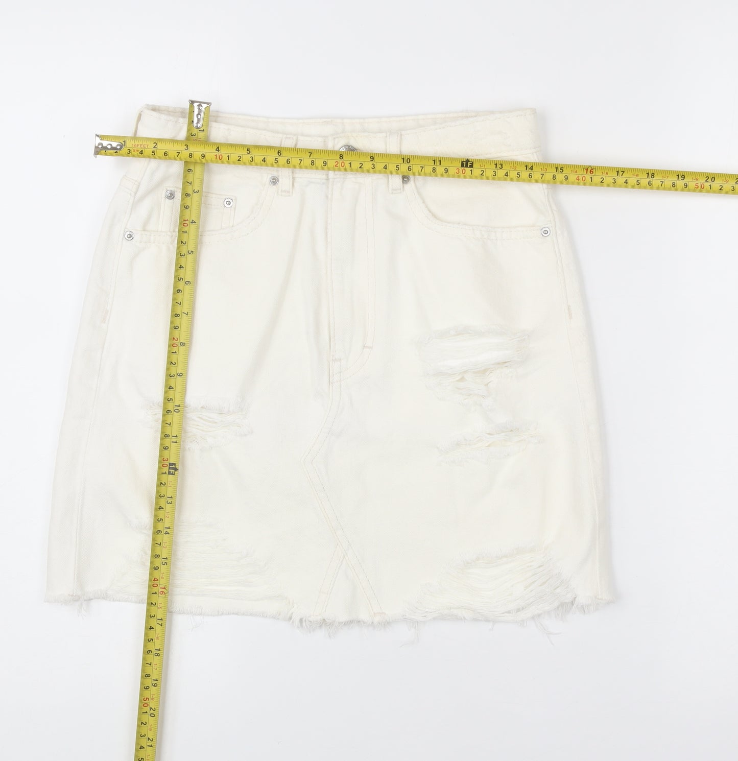 H&M Women Ivory Distressed Denim Skirt Size 10 Short Casual