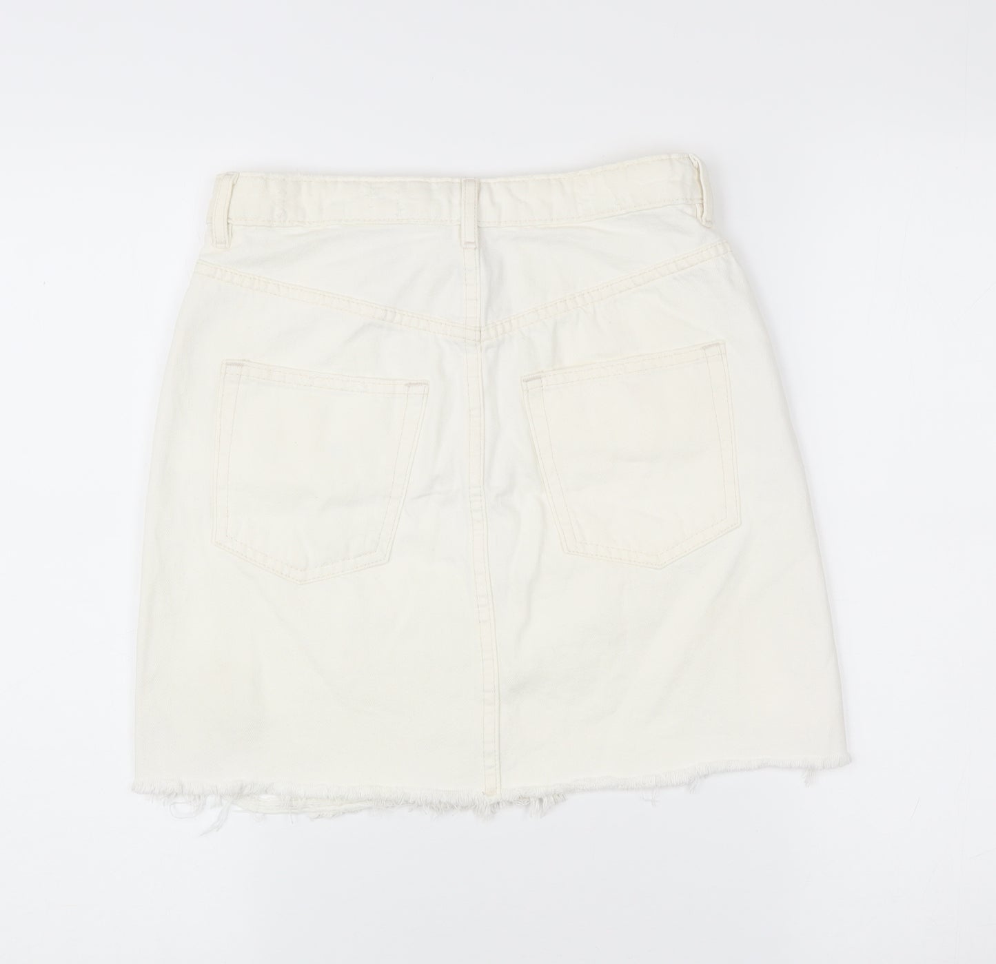 H&M Women Ivory Distressed Denim Skirt Size 10 Short Casual