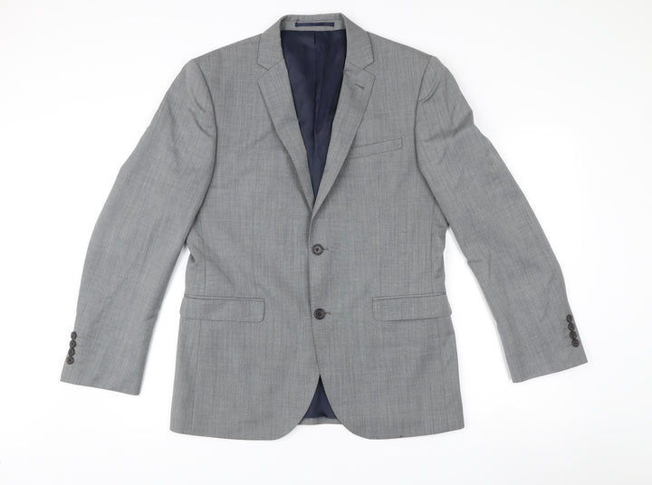 Next Men's Grey Wool Blazer 40R Slim Fit Single Breasted Jacket