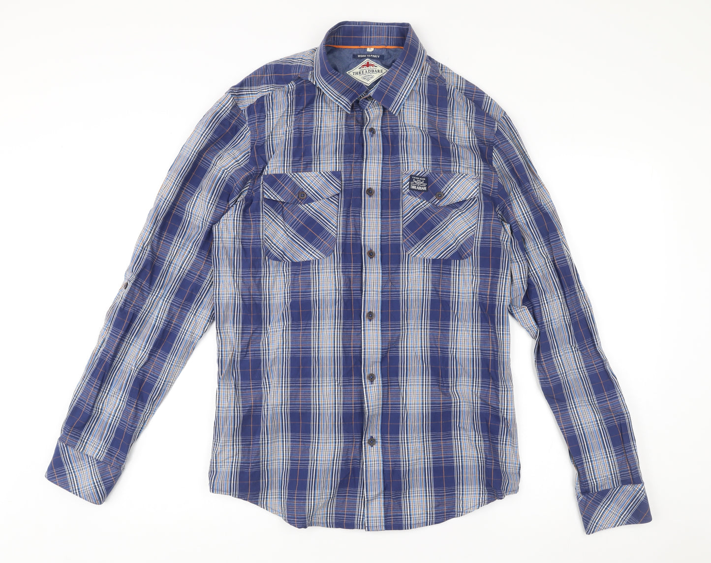 Threadbare Men's Blue Check Long Sleeve Button-Up Shirt L Regular Fit