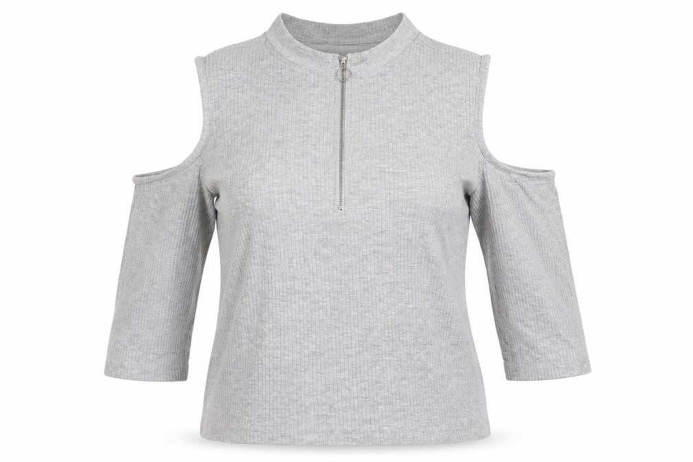 Front view of Vero Moda Women’s Grey XL Mock Neck Cold Shoulder Zip Top