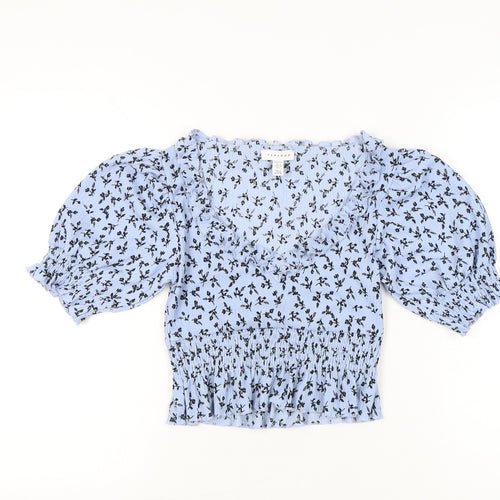 Topshop Petite Womens Blue Floral Puff Sleeve Cropped Blouse UK 10