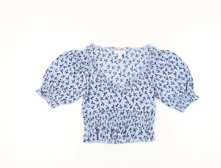 Topshop Petite Womens Blue Floral Puff Sleeve Cropped Blouse UK 10