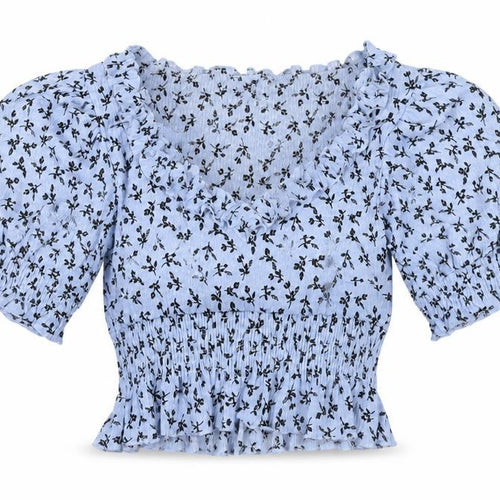 Topshop Petite Womens Blue Floral Puff Sleeve Cropped Blouse UK 10