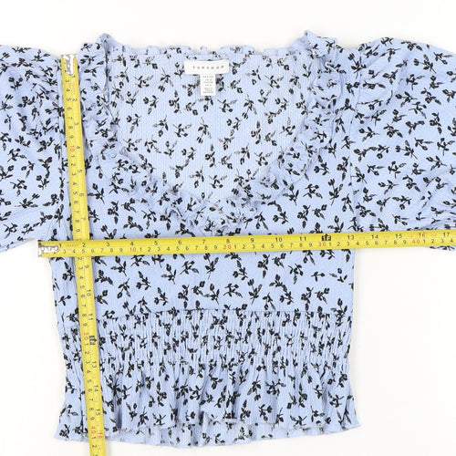 Topshop Petite Womens Blue Floral Puff Sleeve Cropped Blouse UK 10