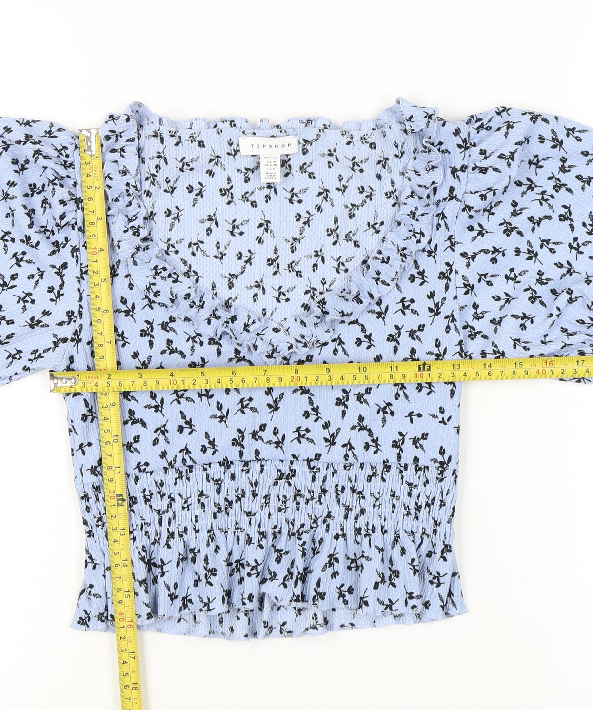 Topshop Petite Womens Blue Floral Puff Sleeve Cropped Blouse UK 10