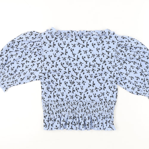 Topshop Petite Womens Blue Floral Puff Sleeve Cropped Blouse UK 10